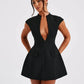 Black Sleeveless Sexy Mini Dress For Women Fashion Zipper Deep V Neck Two Pocket A-line Night Club Party Dress Elegant