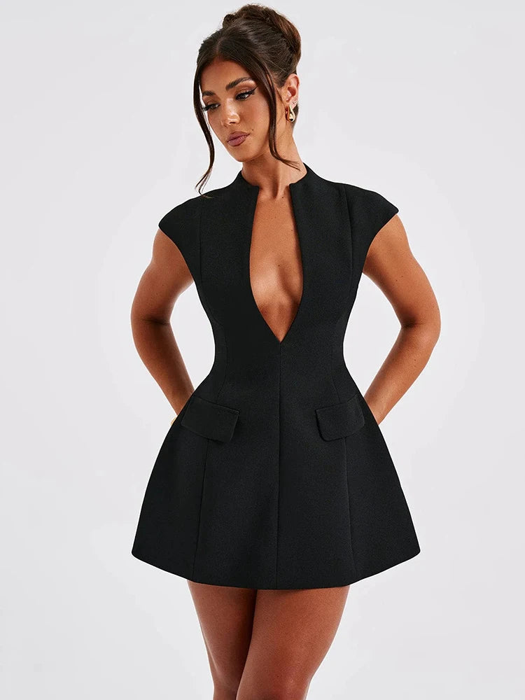 Black Sleeveless Sexy Mini Dress For Women Fashion Zipper Deep V Neck Two Pocket A-line Night Club Party Dress Elegant
