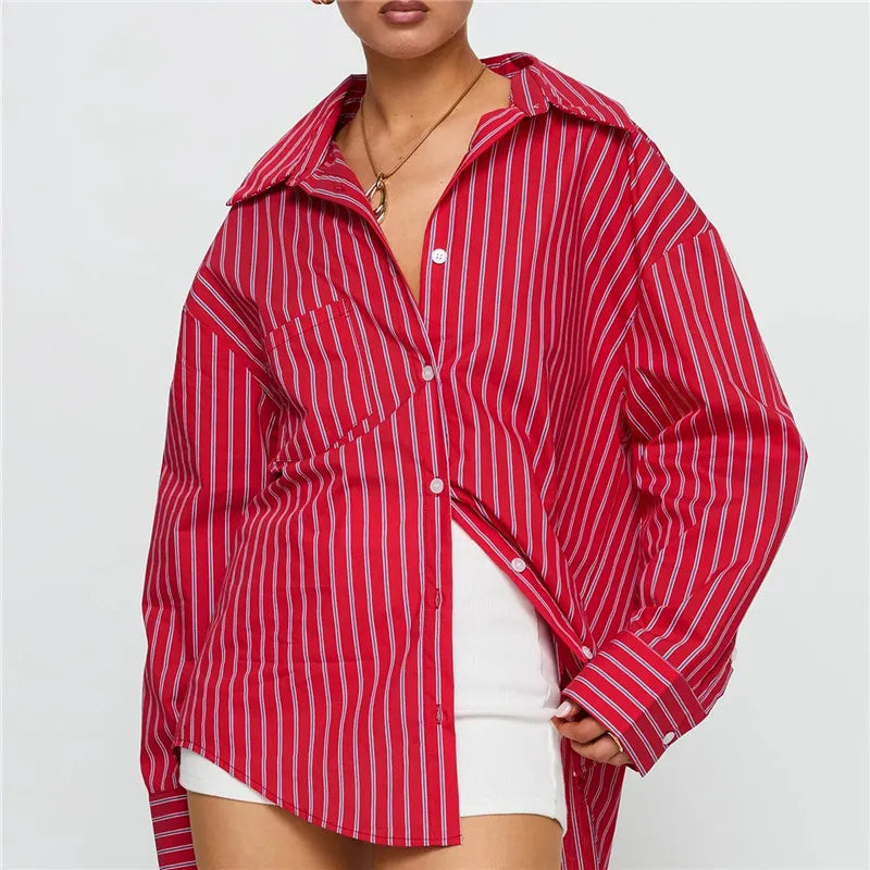 Women Spring Button Down Shirt Pinstripe Loose Fit Long Sleeve Button Up Shirt Wide Collar Casual Tops Workout Shirts