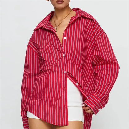 Women Spring Button Down Shirt Pinstripe Loose Fit Long Sleeve Button Up Shirt Wide Collar Casual Tops Workout Shirts