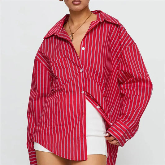 Women Spring Button Down Shirt Pinstripe Loose Fit Long Sleeve Button Up Shirt Wide Collar Casual Tops Workout Shirts