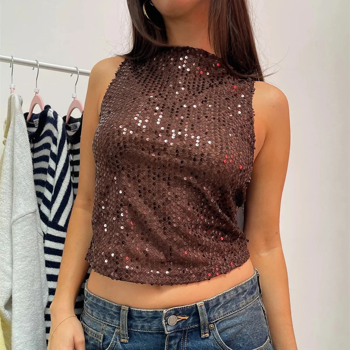 Women Sparkly Tank Top Crew Neck Slim Fit Sequin Shirt Sleeveless Glitter Crop Shimmer Tops Vest Party Clubwear