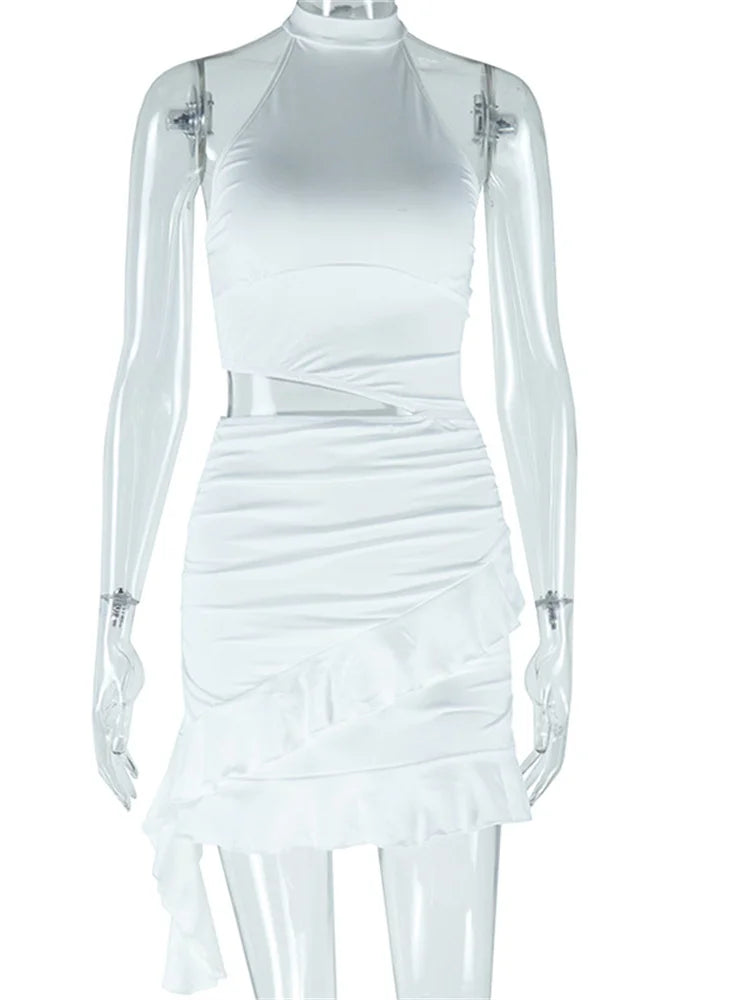 Sexy Hollow Waistless  Dress Women Halter Turtleneck Backless Sleeveless Ruffles Tassel Hottie Hipster Mini Bodycon