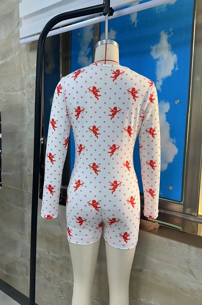 Women Sexy Bodysuit Pajama Heart Print Deep V-Neck Long Sleeve Shorts Jumpsuit Y2k Button Front Rompers Overall