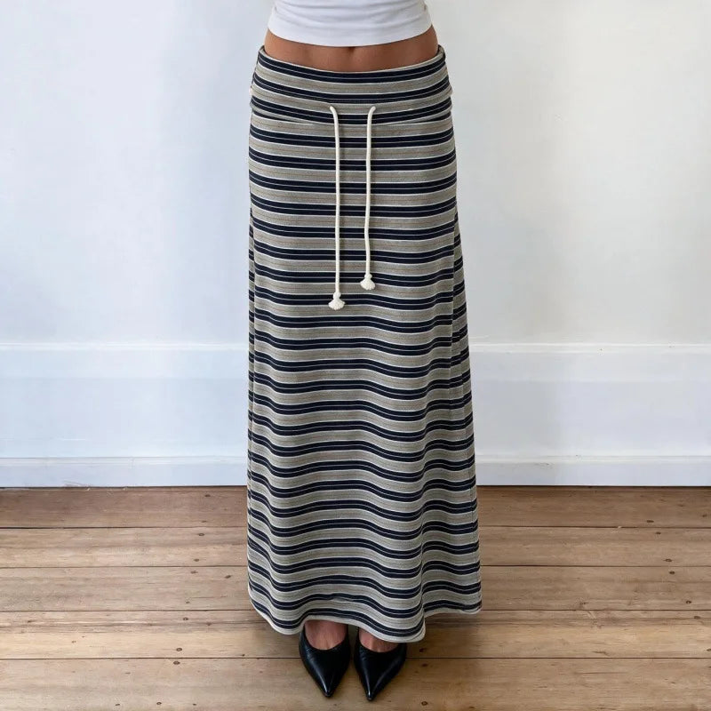 Multi-stripe Print Knit Maxi Skirt 2026 Fall Clothes Drawstring Long Skirts for Woman High Quality