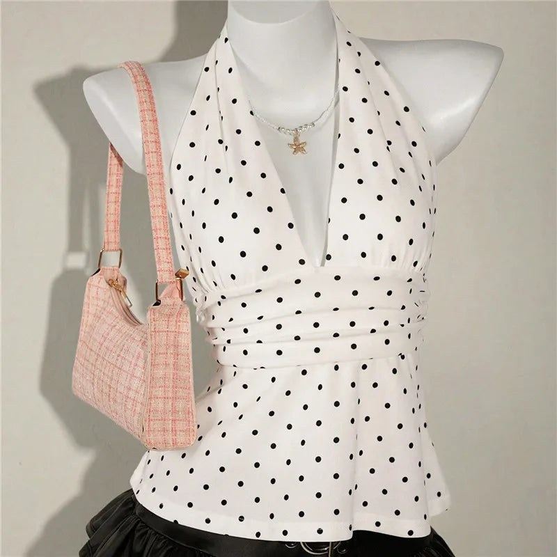 Ladies Vintage Polka Dot Halter Neck Top Deep V Tie Back Sleeveless Ruched Waist Peplum Tank Top For Y2K Streetwear