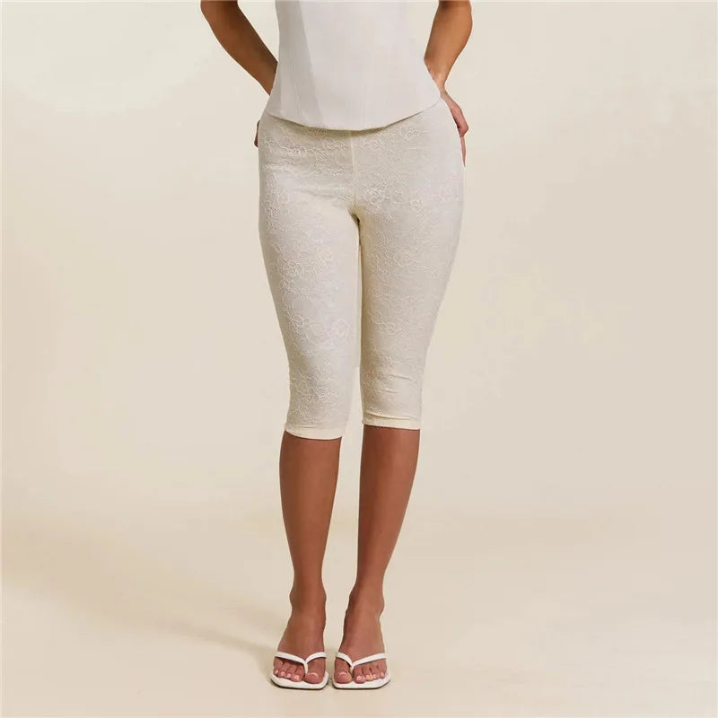 Elegant Women Floral Embossed Lace Capri Leggings High Waist Slim Stretch Knee Cropped Pants Solid Daily Casual Bottoms