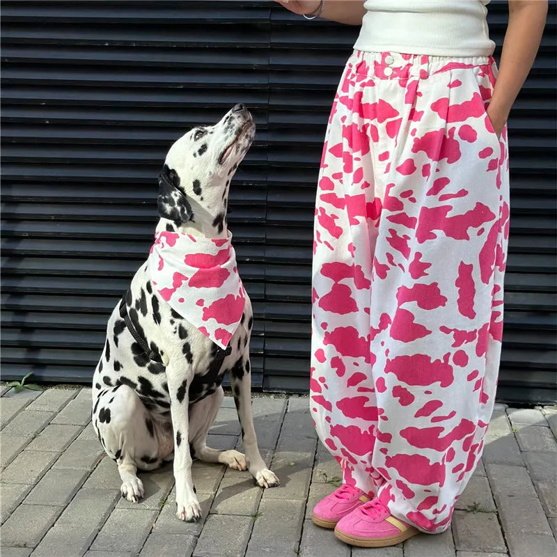 Harajuku Women Cow Print Zebra Print Baggy Wide Leg Pants Elastic High Waist Pleated Oversized Casual Long Trousers