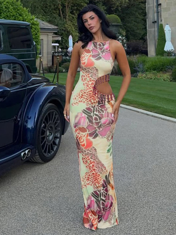 Sexy Hollow Tassel Decoration Dress Woman Colorful Print o-Neck Sleeveless Summer Vacation Elegant Style Long Bodycon