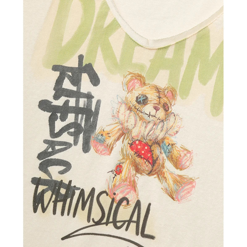 Women's V-Neck Casual T-Shirt with Graffiti Stitch Teddy Bear Graphic Print, Short Sleeve Regular Soft Tee for Summer