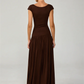 Women Square Cap Sleeve Midi Dress Elegant Brown U Neck Slim Waist Bodycon Club Party Pleated Long Dresses Fashion
