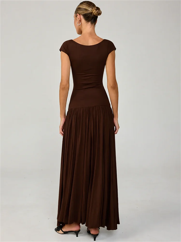Women Square Cap Sleeve Midi Dress Elegant Brown U Neck Slim Waist Bodycon Club Party Pleated Long Dresses Fashion