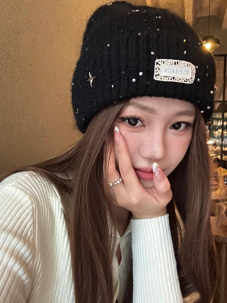 Y2K Sweet Star Sequin Warm Solid Knit Beanie For Women