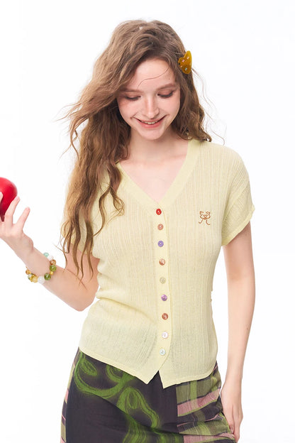 Women's Knit Blouse with Colorful Buttons & Logo Embroidery, V Neck Ruched Crop Top for Daily