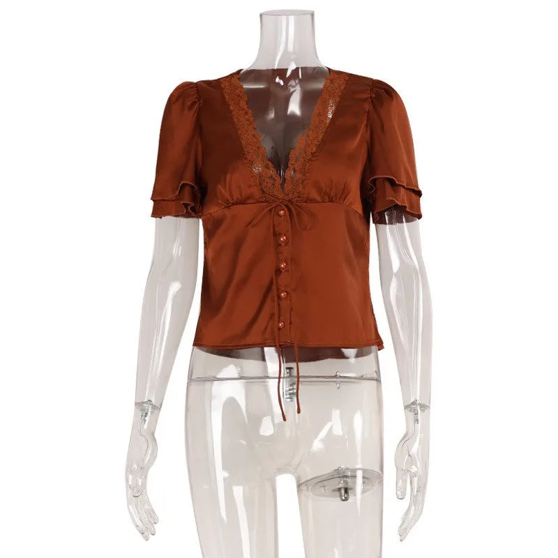 Women's Y2K Satin Lace Trim Blouse V Neck Tie Front Puff Short Sleeve Button Down Fitted Waist Streetwear Summer Top