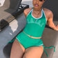 Sporty 2 Piece Set Women Casual Letter Print Halter Vest+Side Shirring Shorts Matching Streetwear Fitness Outfits