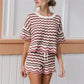 Women Boho Knit Striped Short Sleeve Eyelet Embroidered Hollowed Crop Top and Drawstring Micro Shorts 2 Pcs Matching Set