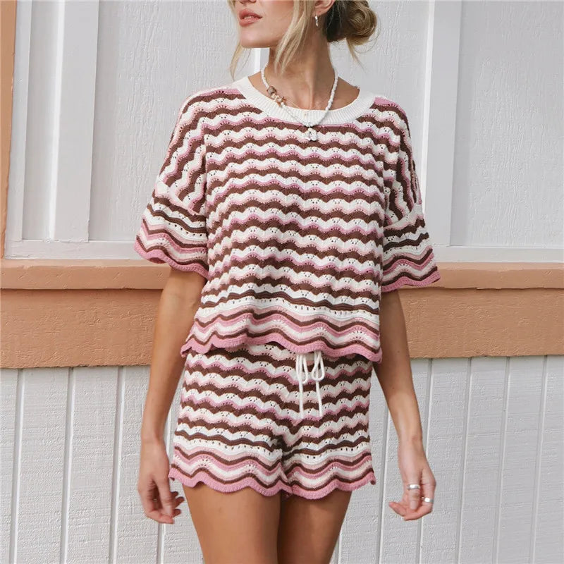 Women Boho Knit Striped Short Sleeve Eyelet Embroidered Hollowed Crop Top and Drawstring Micro Shorts 2 Pcs Matching Set