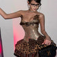 Fashion Sequin Patchwork Leopard 3 Piece Set Women Belt Metal Buckle Vest+Bow Ruffled Skirts+Short Trend Party Clubwear