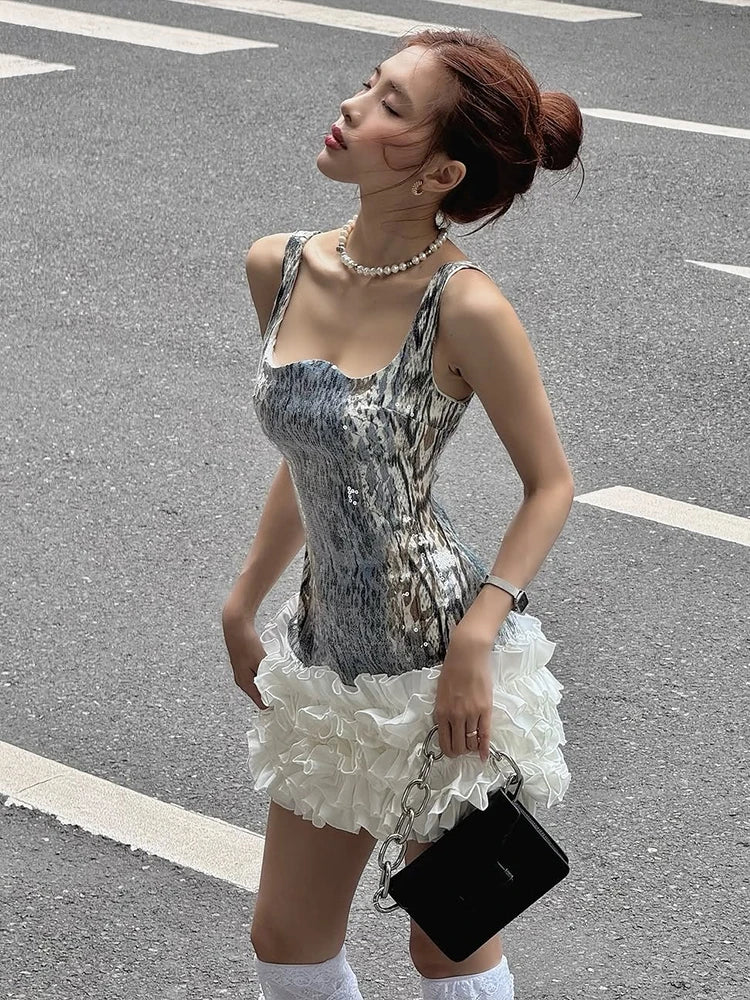 Chic Sequins Leopard Dress Women Y2K Sleeveless Square Collar Tierred Hem Skinny Street Clubwear Hottie Sexy Bodycon