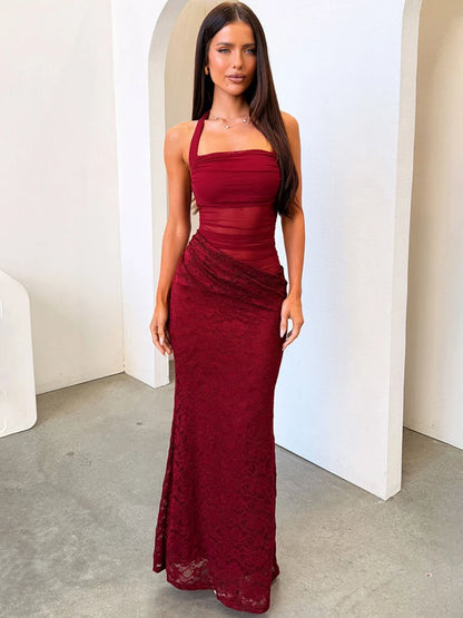 Women Halter Mesh Cutout Lace Sexy Maxi Dress Elegant Square Collar Sleeveless Backless Bodycon Club Party Long Dresses