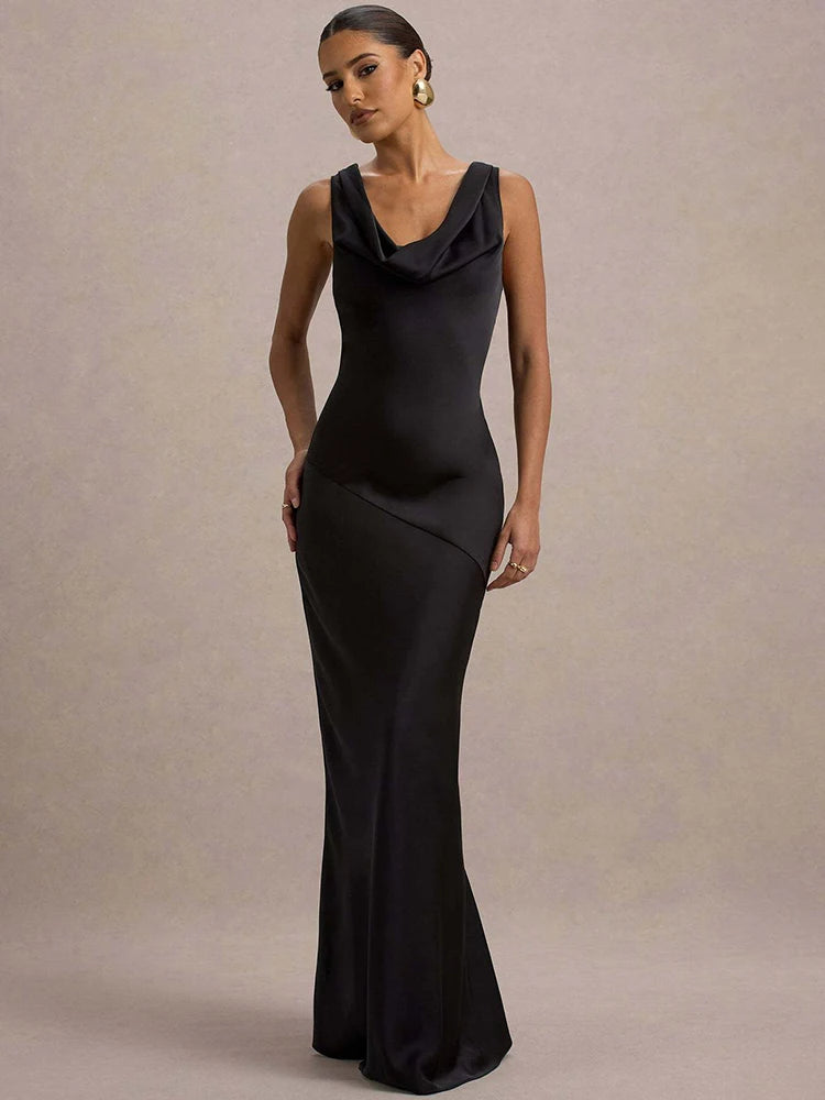 Satin Cowl Neck Backless Sexy Maxi Dress Women Gown Fashion Sleeveless Lace-up Bodycon Club Party Long Dress Female