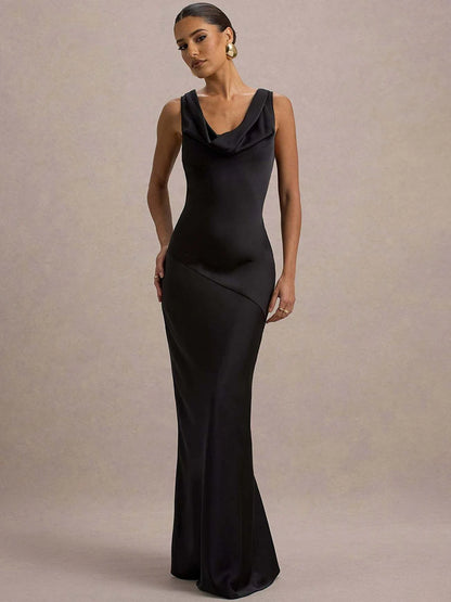 Satin Cowl Neck Backless Sexy Maxi Dress Women Gown Fashion Sleeveless Lace-up Bodycon Club Party Long Dress Female