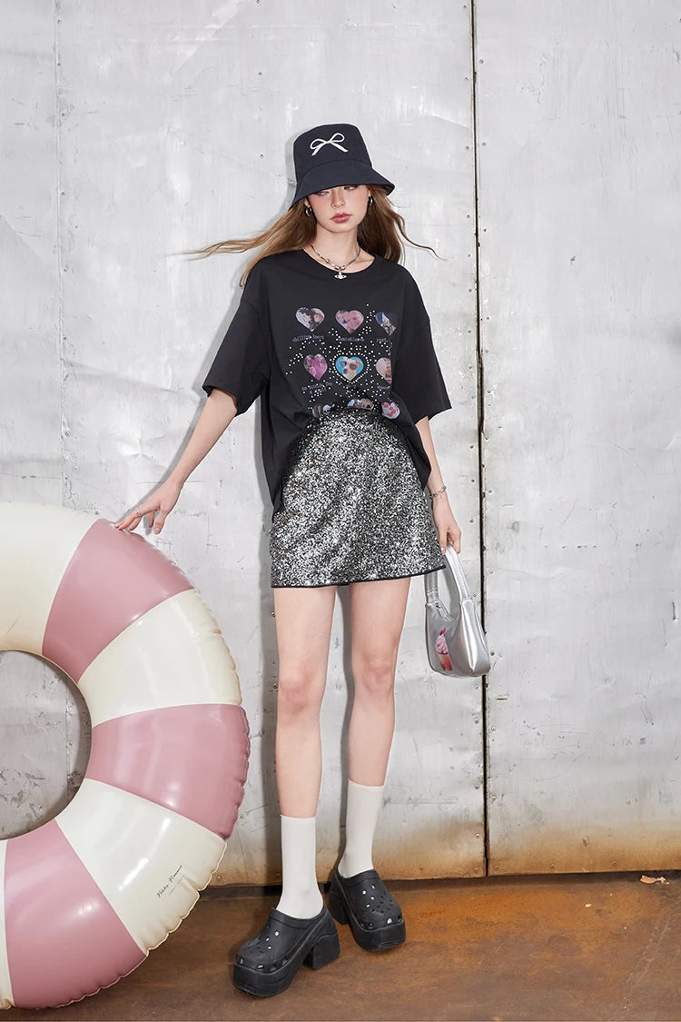 2024 Summer New Arrivals High waisted A-line silver sequined midi skirt for women, retro and fashionable short skirt