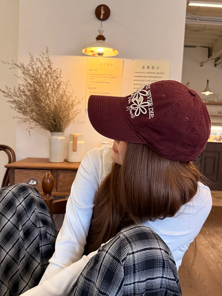 Vintage Washed Cotton Baseball Cap with Cute Flower Embroidery