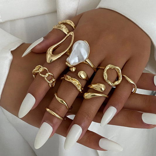 12Pcs/Set Vintage Irregular Water Drop Rings for Women New Trend Minimalist Geometric Open Rings Party Jewelry Gift