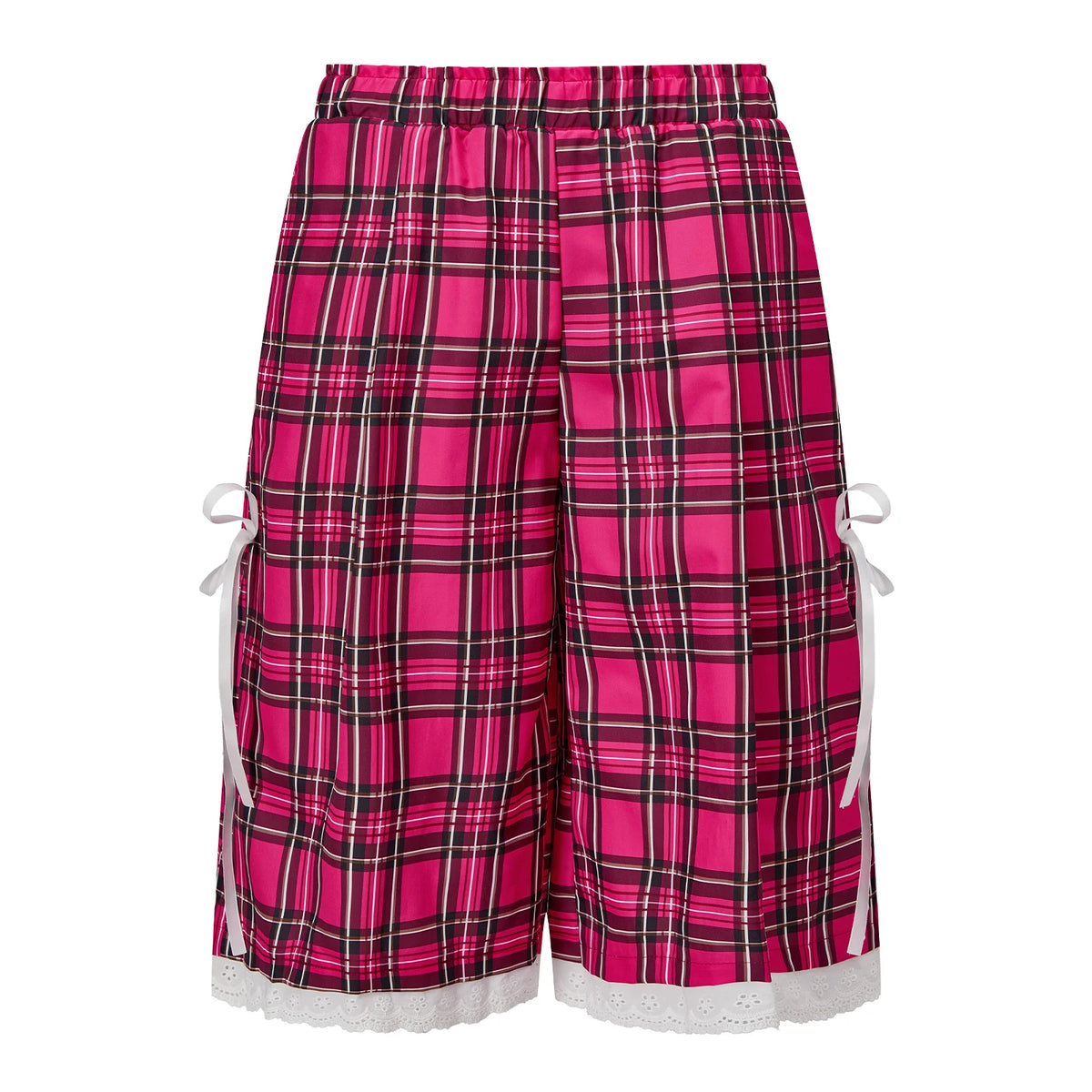 Women Bermuda Shorts Camo Plaid Print Elastic Waist Lace Trim Bow Decor Loose Baggy Knee Length Casual Street Shorts
