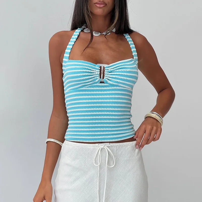 Woman 2 Piece Outfit Set Summer Vacation Blue Striped Knit Halter Top and Shorts Matching Sets