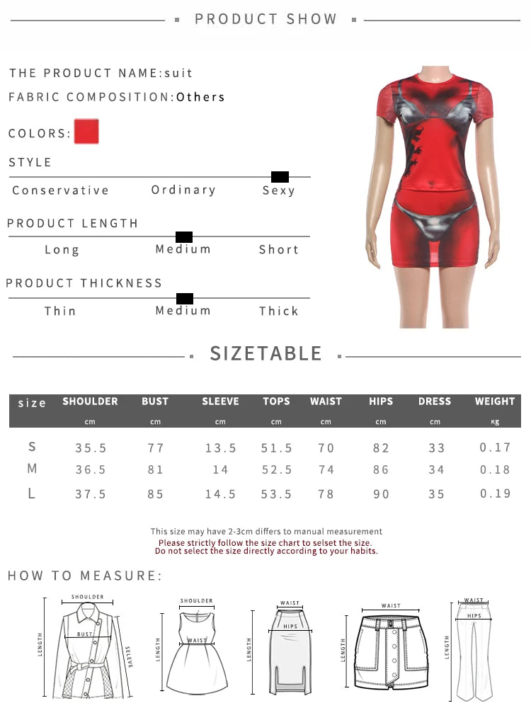 Sexy Fashion Bikini Print 2 Piece Set Woman O-Neck Short Sleeve Crop Tops+Mini Skirts High Street Style Classic Suit