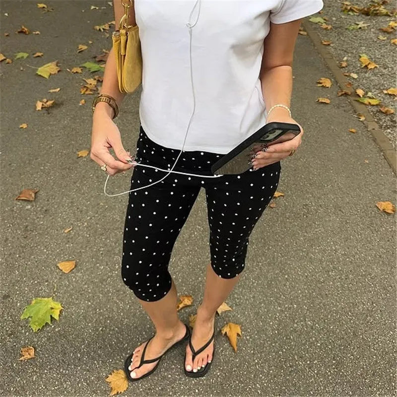 Women Polka Dot Print Capri Pants Y2k High Waist Skinny Knee Length Sexy Yoga Capris Leggings Cropped Trousers Workout