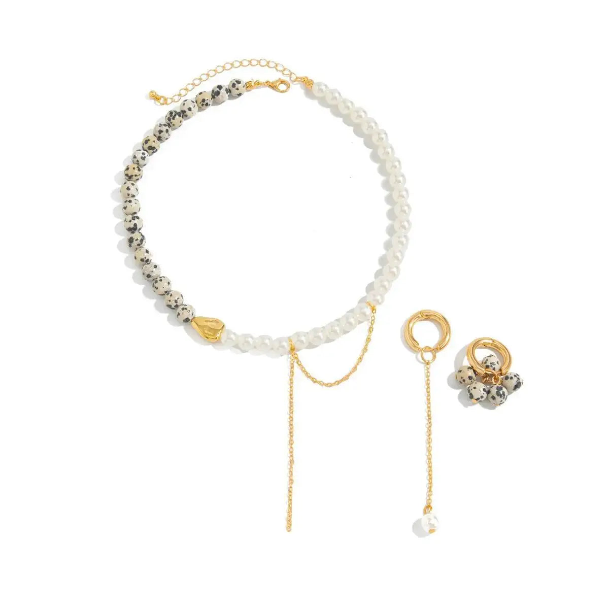 Retro Adjustable Metal Chain Choker Necklace with Imitation Pearls CCB Beads Women's Jewelry Set with Stud Earrings