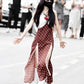 Polka Dot Print Maxi Dress Women Patchwork Lace High Slit v-Neck Sleeveless Street Fashion Party Classic Vestidos