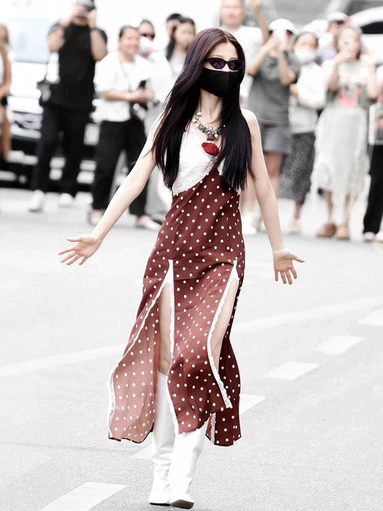Polka Dot Print Maxi Dress Women Patchwork Lace High Slit v-Neck Sleeveless Street Fashion Party Classic Vestidos