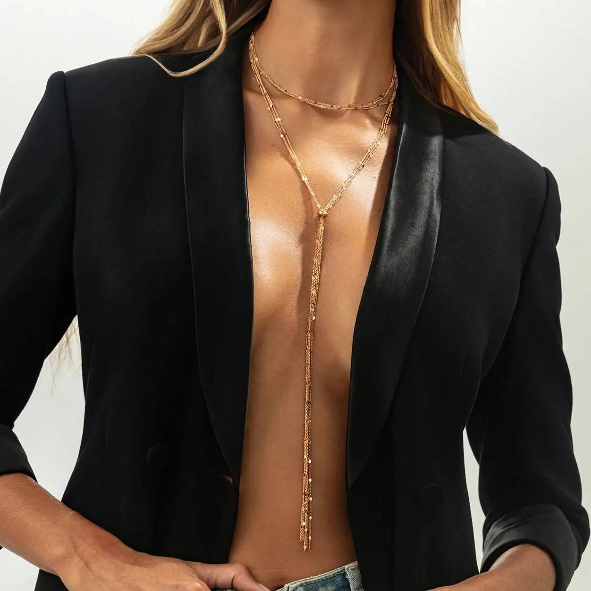 Trendy Sexy Multi-Layer Round Sequin Long Tassels Pendant Necklace Women Vintage Metal Chest Neck Chain New Jewelry