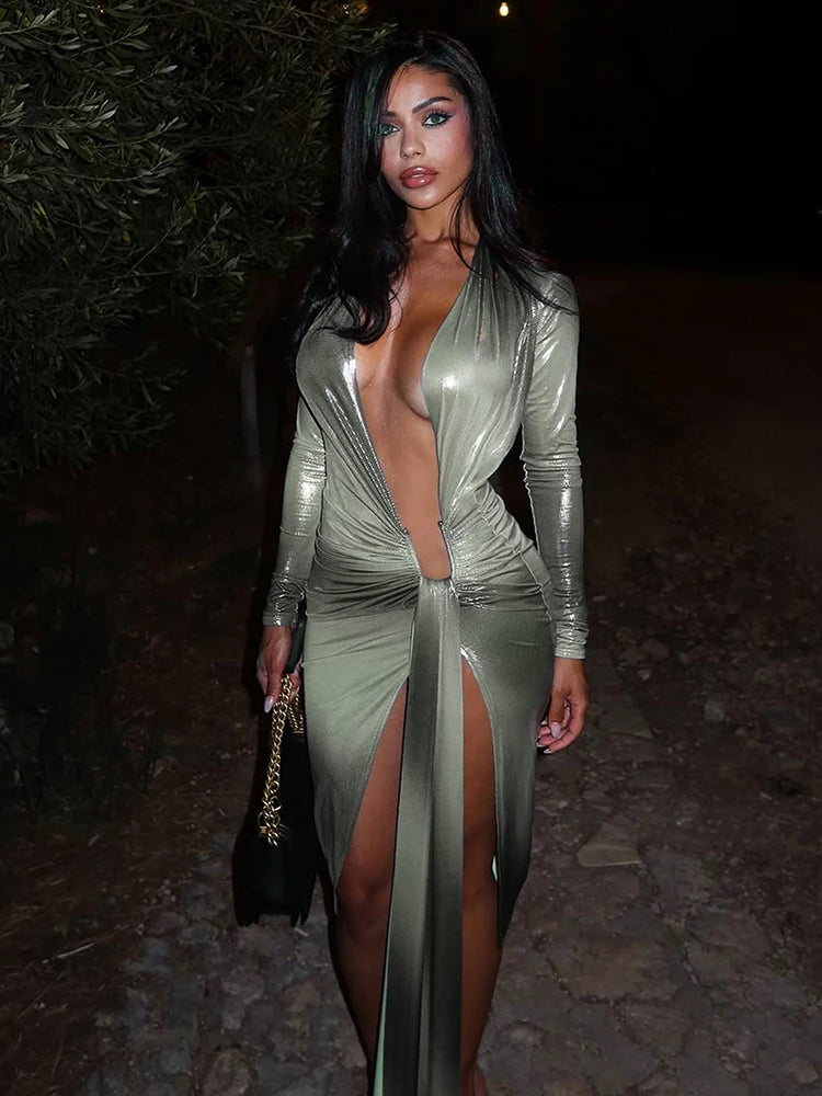 Sexy Silky Split Dress Women Irregular Ribbon Gradient Color Deep V-Neck Coquette Hottie Street Elegant Slim Bodycon