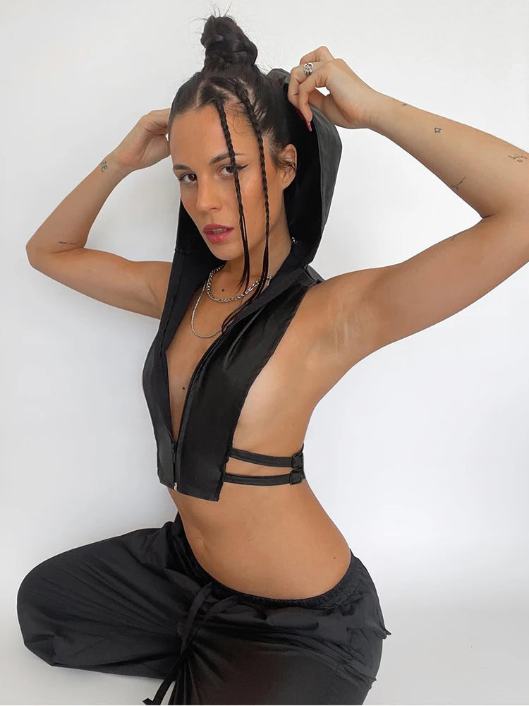 PU Hooded Tank Tops Women Y2K Side Split Sexy Hipster Zip Bandages Leather Hipster Streetwear Wild Basic Summer Vest