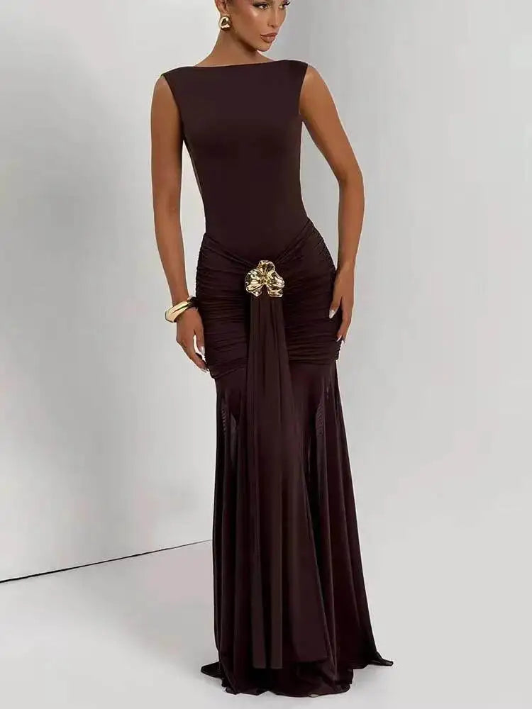 Metal Flower Backless Ruched Sexy Maxi Dress Women Gown Fashion Sleeveless Backless Bodycon Club Party Dress Elegant