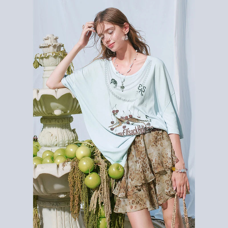 Women's Mini Skirt with Shimmery Leopard Print & Tiered Ruffle Detail, Chic Elastic Waist Lightweight Bottom for Summer