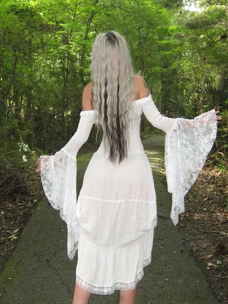 Lace Irregular Patchwork Dress Women Slash Neck Jacquard Flare Sleeve Sexy Birthday Halloween Stretch Skinny Bodycon