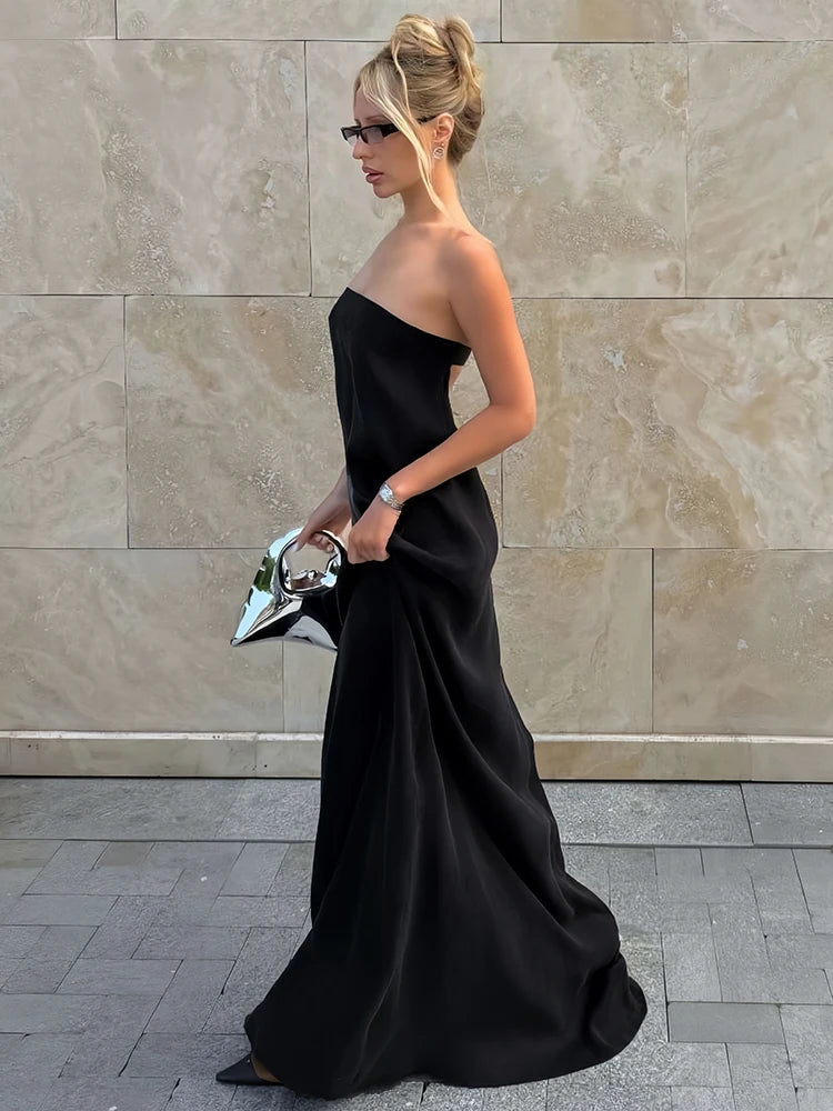 Metal Buckle Patchwork Dress Women Fashion Classic Backless Sleeveless Elegant Chic Banquet Party Street Maxi Bodycon