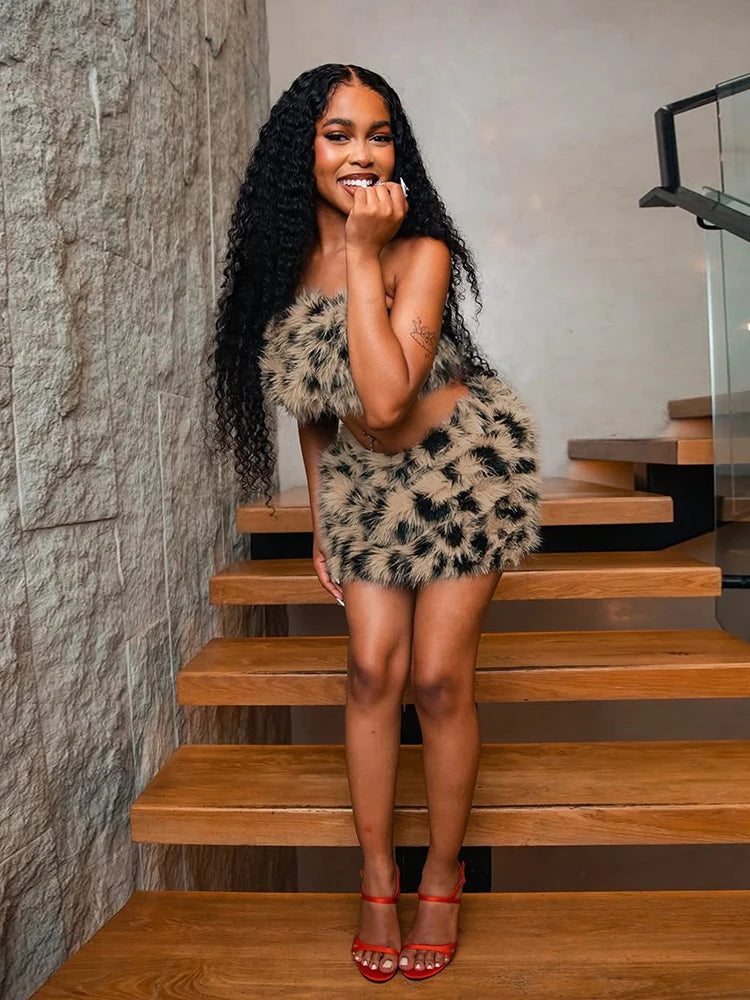 Furry Patchwork 2 Piece Set Woman Leopard Print Sexy Wrap Chest Backless Tank Tops+Mini Shorts Street Wild Style Suit