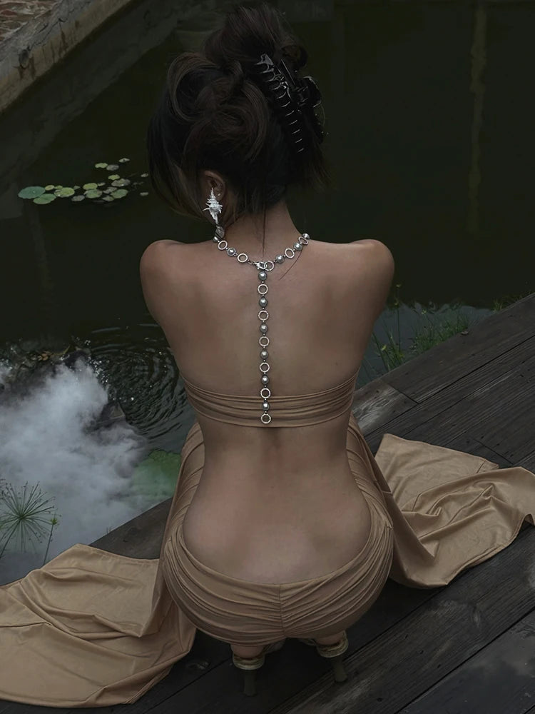 Pearl Metal ring Chain Halter Dress Women Fashion Backless Ruched Hollow High Sti