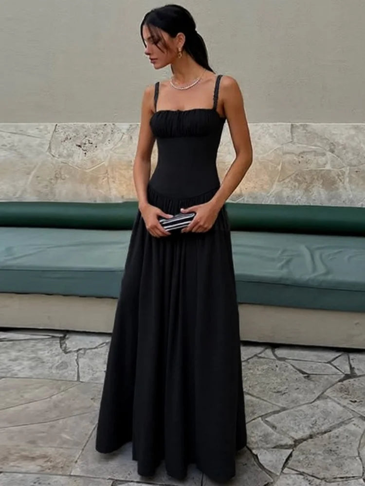 Sleeveless Backless Pleated Maxi Dress Blue Black French Style Elegant Dresses for Woman for Party