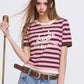 Y2K Striped Knit T-Shirt with Devil Heart Print, Retro Harajuku Short Sleeve Top, Aesthetic Slimming Knitted Jumper