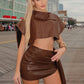 Sexy PU 2-Peice Set Women Turn-Down Collar Waistless Shawl+Zip Ribbon Skinny Peach Hip Skirt Matching Street Outfits