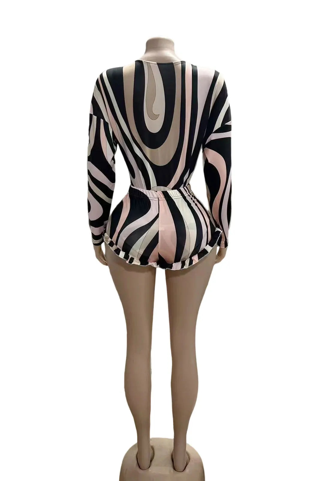 Colorful Print Women 2 Piece Set Deep v-Neck Full Sleeve Bodysuit+Mesh Shorts Matching Streetwear Sexy Hipster Suits